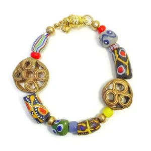 Bracelet of African Trade Beads of Brass Disk Beads, Krobo Powder Glass and Magnetic Clasp