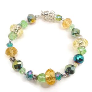 Bracelet with Large Hole, Glass, and Crystal Lemon Yellow, Green, Electric Blue, and Topaz Beads with Magnetic Clasps
