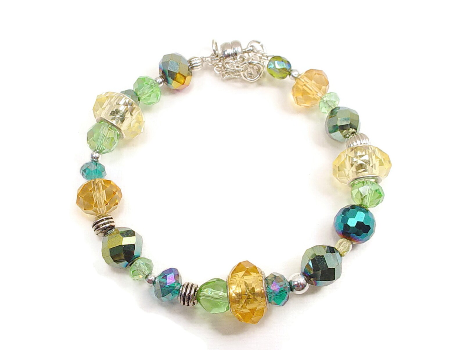Bracelet with Large Hole, Glass, and Crystal Lemon Yellow, Green, Electric Blue, and Topaz Beads with Magnetic Clasps