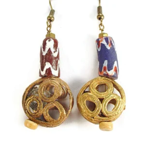 French Wire Dangle Earrings with Ghana Krobo Glass Beads and Brass Openwork Disk Beads