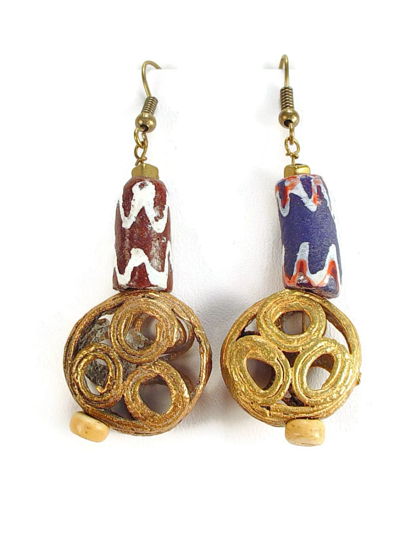 French Wire Dangle Earrings with Ghana Krobo Glass Beads and Brass Openwork Disk Beads