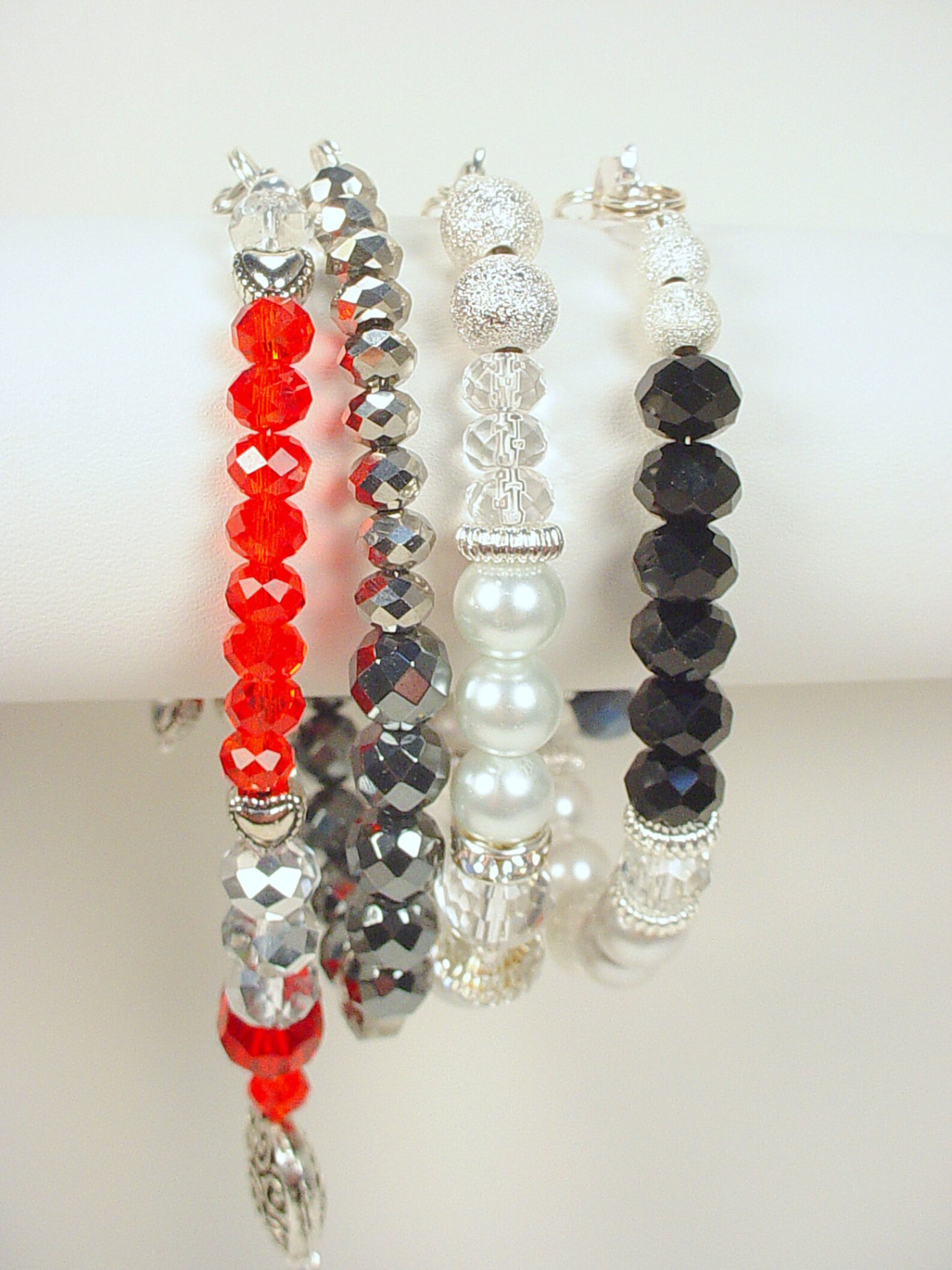 Bracelets with Crystal, Glass Pearls, Metal Beads, Hearts and More. Price is for each