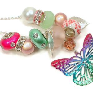 Necklace with Multicolored Butterfly and Leaf Charms and Lamp Worked, Large Hole Beads