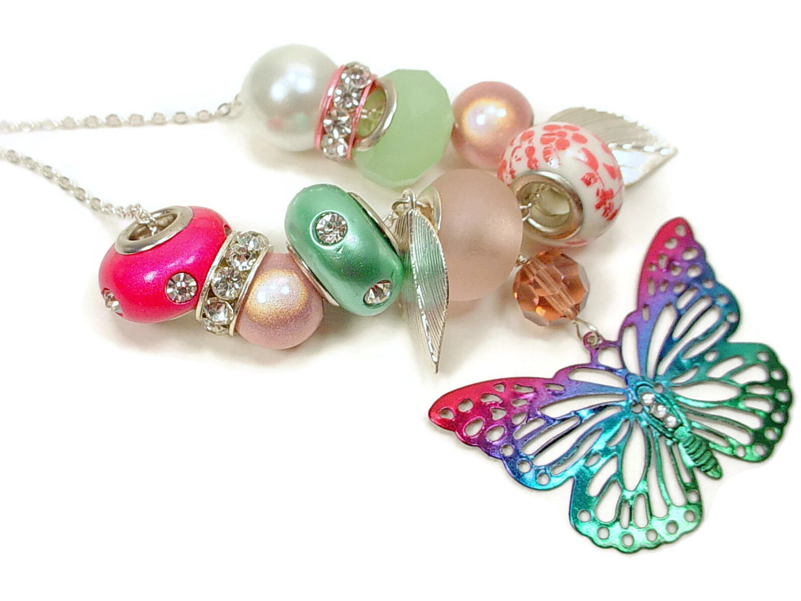 Necklace with Multicolored Butterfly and Leaf Charms and Lamp Worked, Large Hole Beads