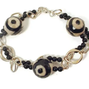 Eye Bead Bracelet with Double Strand Silver Tone Chain and Black Onyx Beads