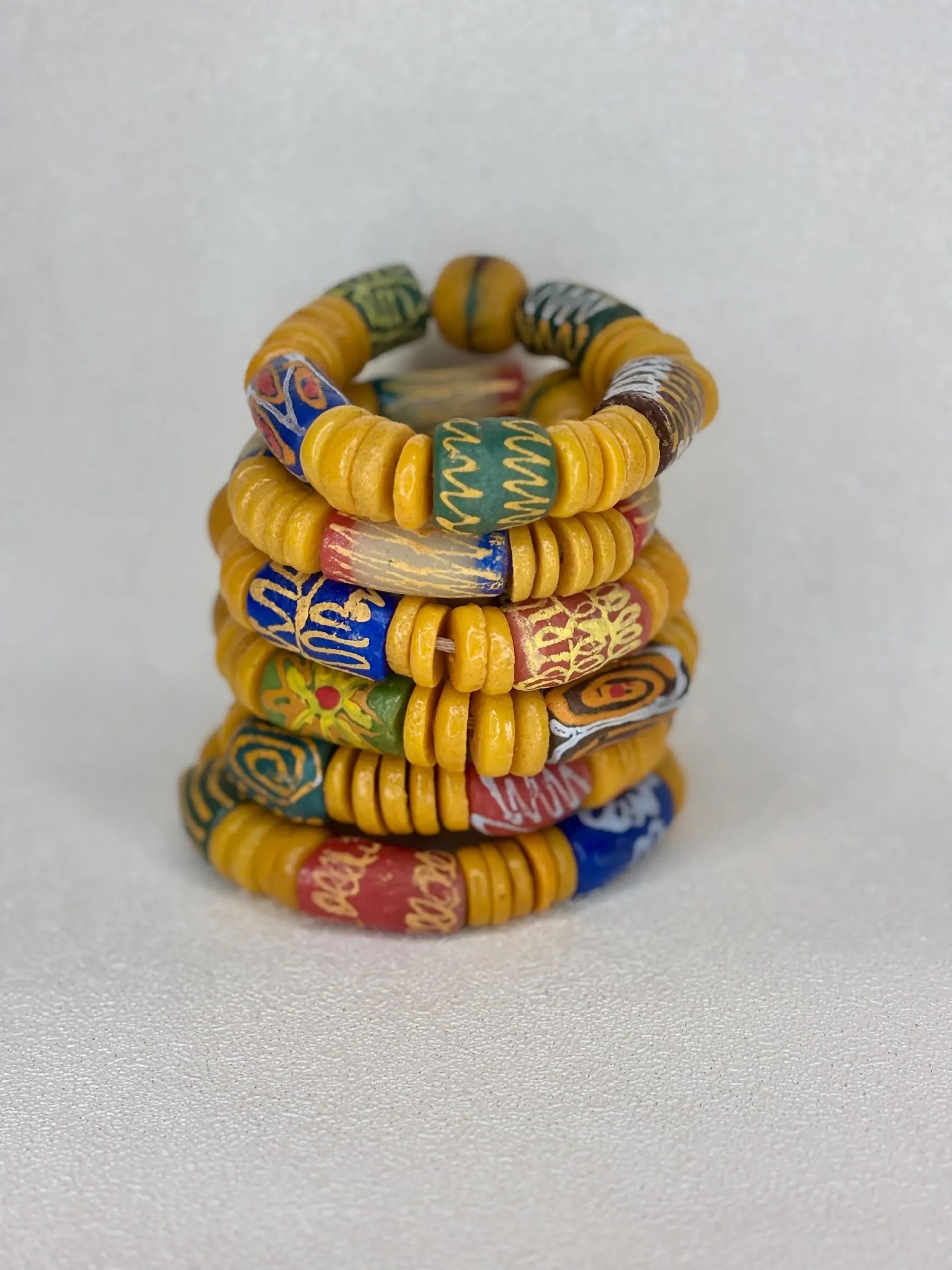 Bracelet of African Trade Beads of Brass Disk Beads, Krobo Powder Glass and Magnetic Clasp