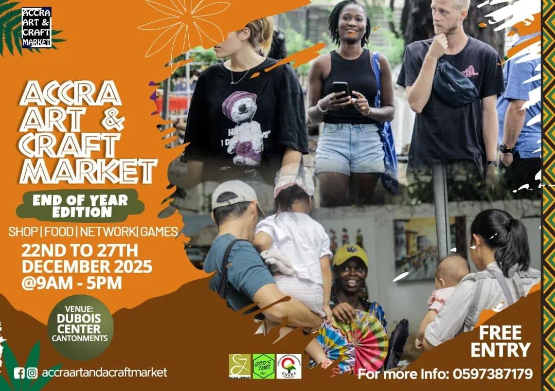 Call for Vendors flyer for the Accra Art & Craft Market. Gift Market Edition. This event runs from Saturday, 22 to Saturday, 29th November 2025, from 9am to 5pm each day at the W.E.B. Du Bois Centre, Cantonment. To design features smiling vendors and shoppers, coulourful African partterns, and event details. Contact number 0597387179 and @accraartandcraftmarket on facebook. instagram, tiktok and snapchat. are also included for more information.